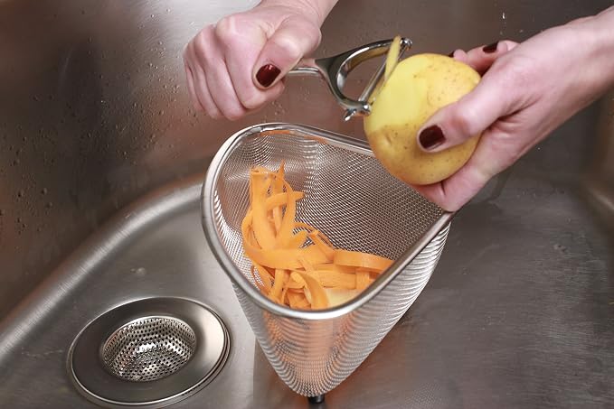 RSVP International Endurance® In-Sink Mesh Colander Strainer Basket, 3 Quart | Organize Sponges, Collect Food Scraps | Dishwasher Safe | Small Corner Basket | Steaming, Draining & Rinsing - Image 5
