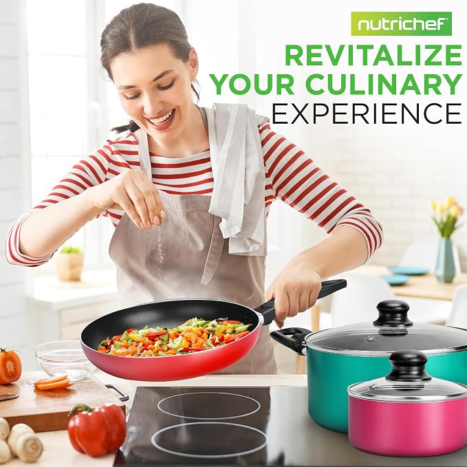 NutriChef 15-Piece Non Stick Kitchen Cookware Set PFOA/PFOS-Free, Colorful Heat Resistant Lacquer w/Saucepot, Frying Pans, Oven Pot, Lids, 5 Utensil - NCCWCOR15 - Image 7