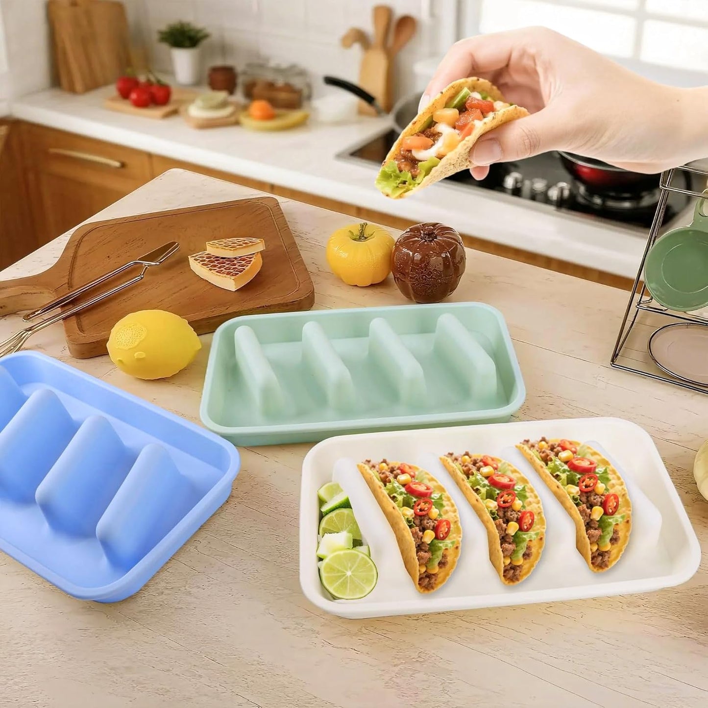 Silicone Taco Holder 3 Packs, Reusable Taco Plates with Dividers, Taco Holder Stand for Family Dinners & Parties, Dishwasher and Microwave Safe