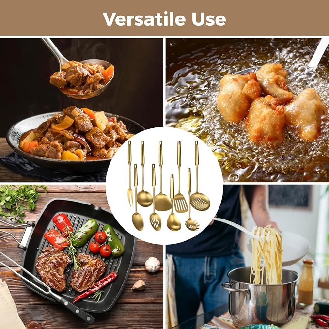 9 Pcs Gold Kitchen Cooking Utensils Set - 304 Stainless Steel Gadgets Cooking Tools, All Metal Serving Utensils, Includes Spatulas, Spoons, Ladle, Skimmer, Tunner - Image 5