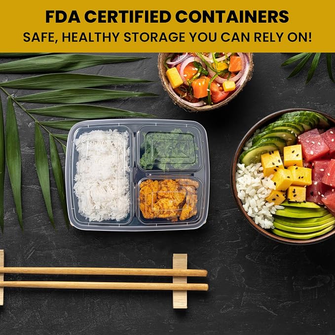Superior 10 Pack Meal Prep Containers - 32oz Reusable 3 Compartment Food Containers–Microwave and Dishwasher Safe Prep Plastic Food Containers with Lid Divided Bento Box Lunch Tray - Image 7