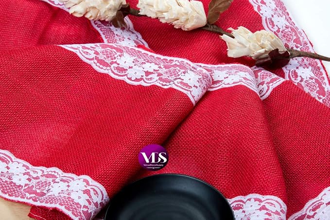 VDS Pack of 10, Burlap Table Runner with White Lace Edge, 100% Natural Jute Rustic Hessian Table Cloth Centerpiece for Wedding Birthday Party Banquet Table Decoration (Size 12X108 Inch)(Red) - Image 6