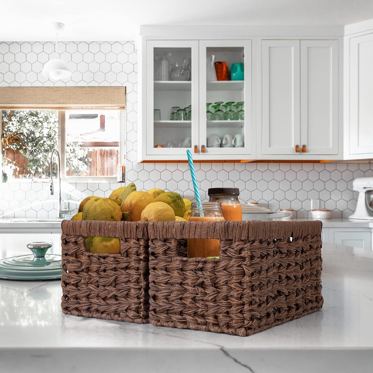 GRANNY SAYS Wicker Storage Baskets for Shelves, Wicker Baskets for Organizing, Waterproof Woven Basket for Pantry, Rectangle Basket for Shlef, Brown, 2-Pack