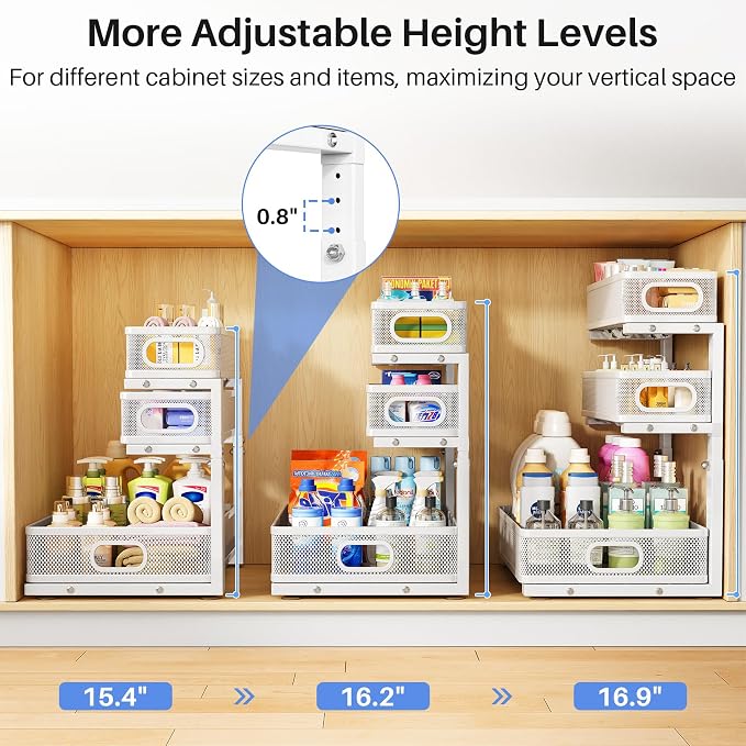 Under Sink Organizer, 3-Tier Thickened Metal Pull out Cabinet Organizer Shelf, Height Adjustable Slide out Storage Drawer Rack for Kitchen Bathroom Pantry Laundry Home Organization, 1-Pack, White - Image 9