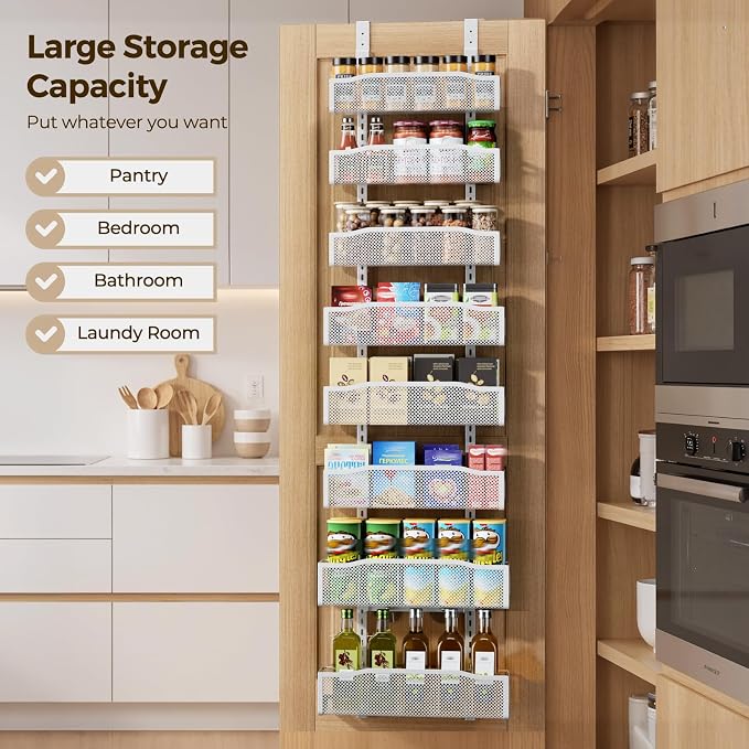 Delamu 8 Tier Over the Door Pantry Organizer, 2in1 Hanging or Wall Mount Spice Rack Seasoning, Adjustable Heavy-Duty Pantry Door Organizer and Storage for Kitchen Cabinet and Bathroom, 15.3" White - Image 9