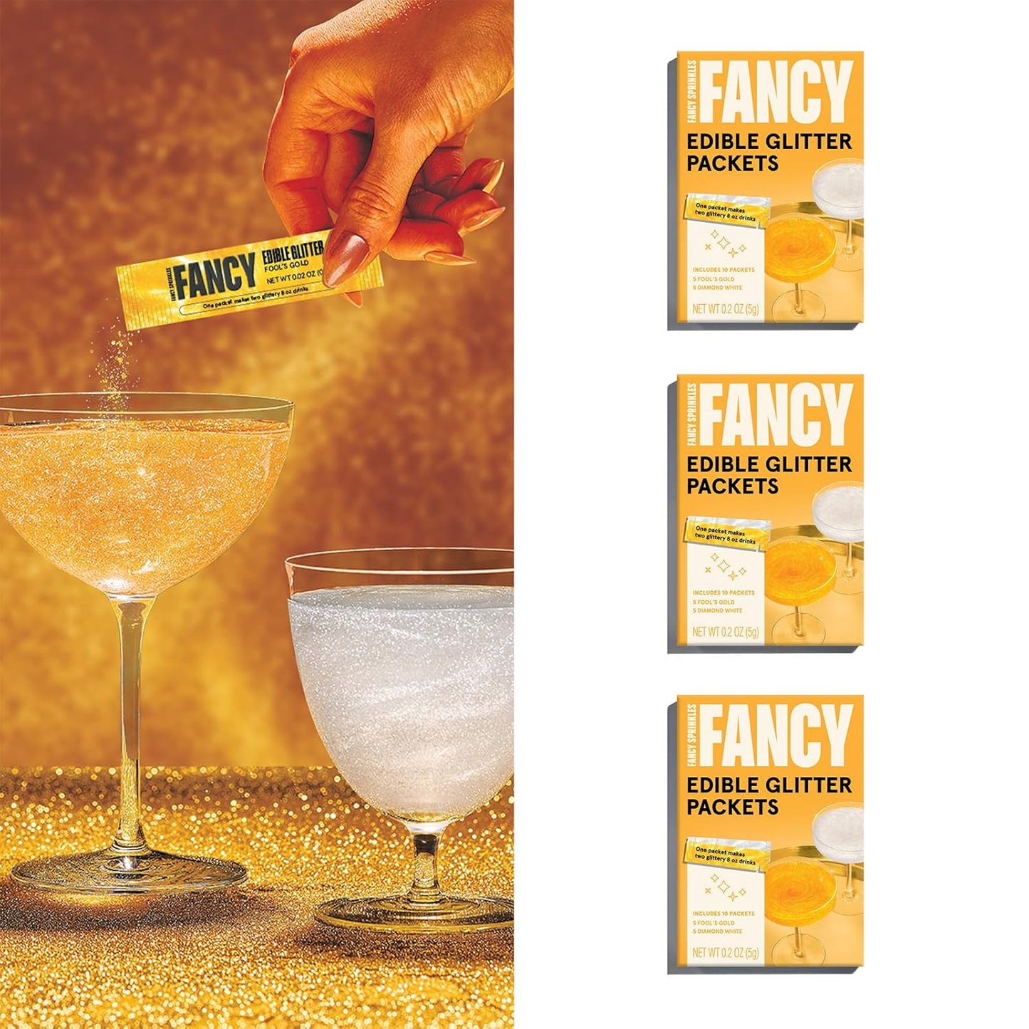Fancy Sprinkles Pop The Bubbly Edible Glitter Packets Portable & On-The-Go for Sparkling Drinks, Champagne, Cocktails, Wine, Beer, & more. (3 Pack)