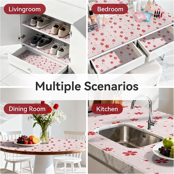 FIFTY FEET 18"x96" Non-Adhesive Shelf Liner for Kitchen Cabinets and Drawers, Washable Non-Slip PVC Cabinet Liner (Red Floral)(3 Roll) - Image 9