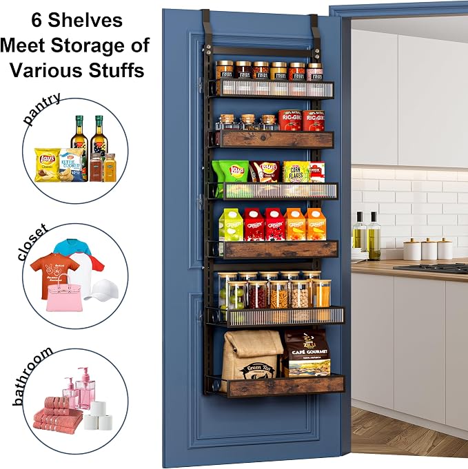 6 Tier Pantry Door Organizer Spice Rack, 2-IN-1 Wall Mount or Hanging Over Door Seasoning Organizer with Adjustable Baskets, Heavy Duty Behind Door Storage Shelves for Pantry, Cabinet and Kitchen - Image 7