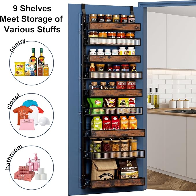 9 Tier Over the Door Pantry Organizer 2 IN 1 Hanging or Wall Mounted Spice Rack with Adjustable Basket,Heavy Duty Seasonning Storage Shelf for Kitchen Pantry and Bathroom Black - Image 7