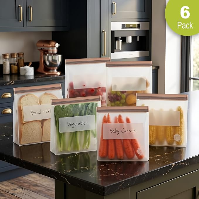 Reusable Food Storage Bags – 6-Pack Stand-Up, BPA-Free, Freezer, Dishwasher Safe & Eco-Friendly – 6 Gallon Bags – Airtight Leakproof, Organization and Storage Baggies (Grey) - Image 10