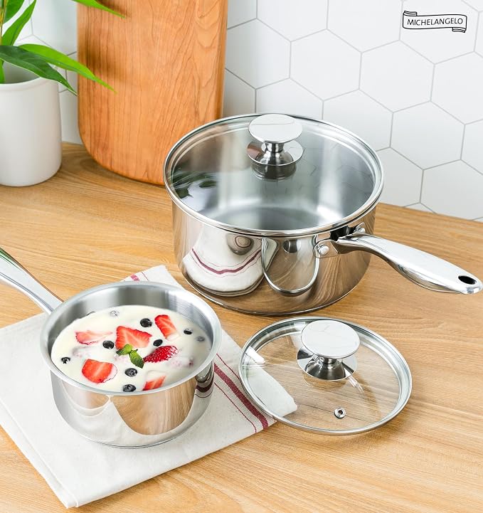 MICHELANGELO 1Qt & 2Qt Tri-ply Stainless Steel Saucepan Set, Small Cooking Pots with Tempered Glass Lids, Induction Ready, Oven & Dishwasher Safe, Multipurpose Sauce Pans for Home Kitchen & Restaurant - Image 8