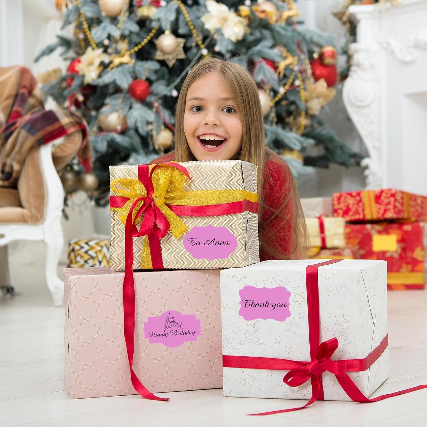 Pink Labels, 250 PCS 3" x 2" Fancy Shape Stickers for Storage Box, Food Jars, Holiday Presents Tags