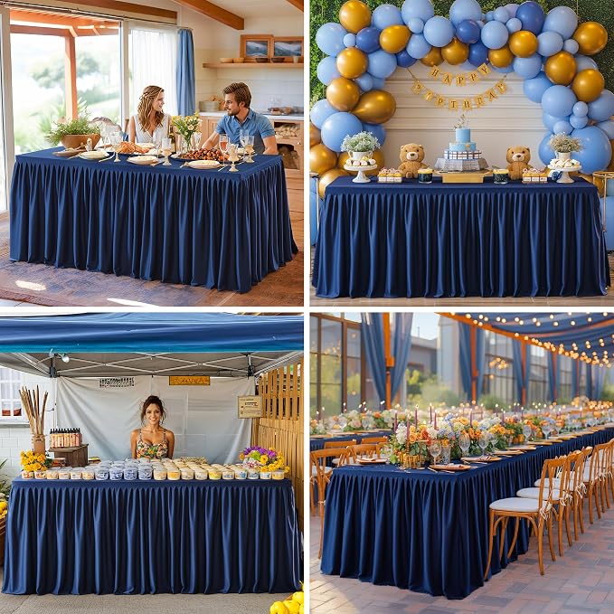 PARTISKY 1 Pack Navy Blue Tablecloths for Rectangle Tables 6ft, Wrinkle Resistant Navy Blue Table Cover Fitted Stretch Table Cloth with Pleated Ruffle Skirts for Party Banquet Dining Birthday Wedding - Image 7