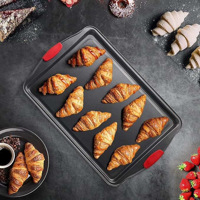 Baking Sheet Set, 2-Piece Cookie Sheet Set with Silicone Handles, Steel Baking Pan, Durable Baking Sheets for Oven, BPA Free Cookie Sheets for Baking Nonstick Set, Premium Sheet Pan, Black Baking Tray | Nonstick Bakeware Sets, Steel, Warp Resistant 450... - Image 8