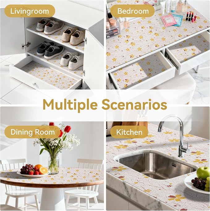 FIFTY FEET 12"x120" Non-Adhesive Shelf Liner for Kitchen Cabinets and Drawers, Washable Non-Slip PVC Cabinet Liner (Yellow Floral)(1 Roll) - Image 9