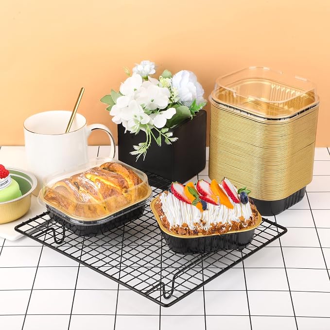 Beasea Aluminum Ramekins With Lids, 50 Pack 8.5oz 250ml Disposable Mini Small Square 4 Inch Foil Aluminum Baking Cups Oven Baking Mini Brownie Cupcake Pan Tins for Party - Black Gold - Image 7