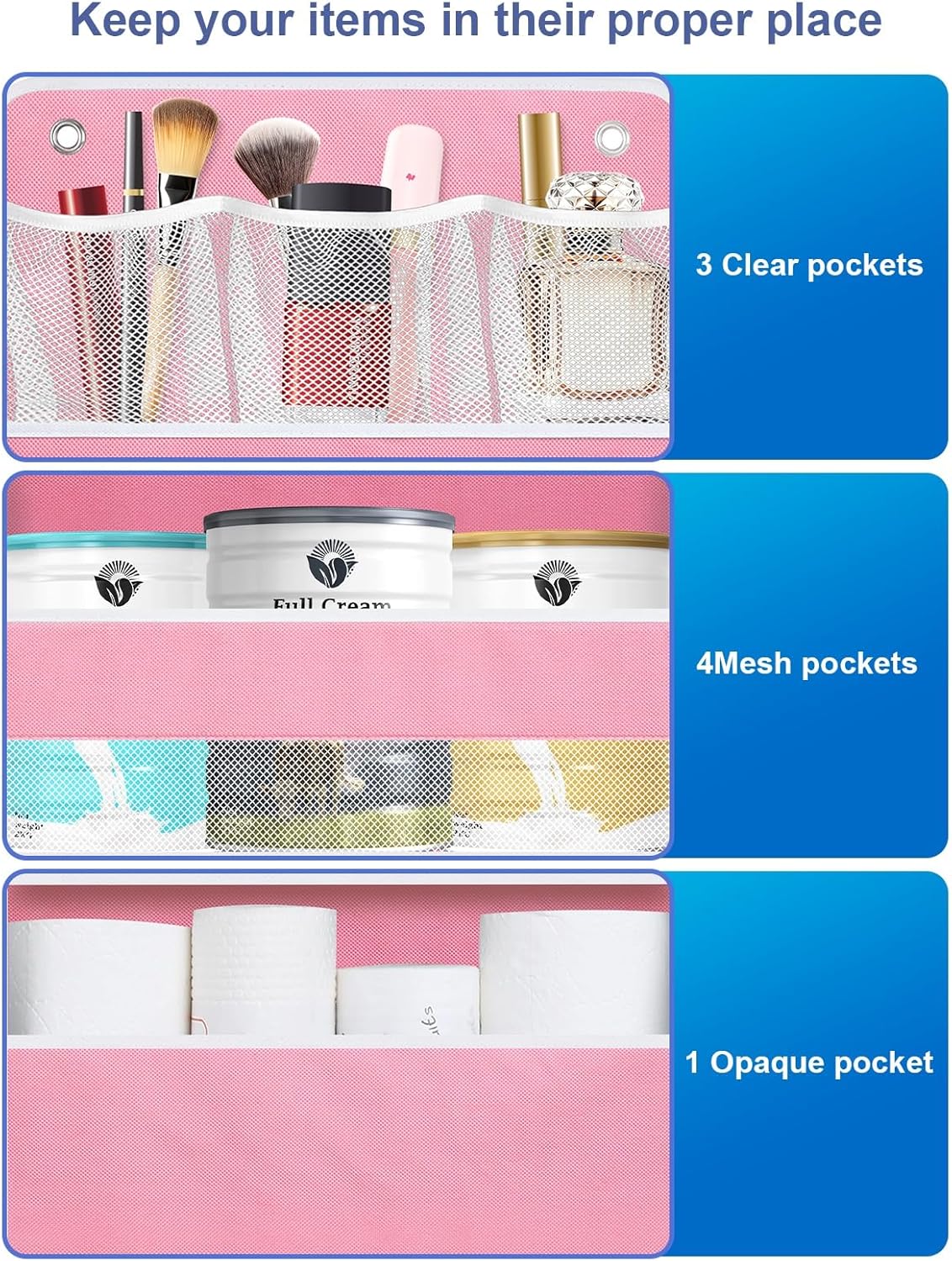 Over the Door Organizers Storage - 6 Shelf Hanging Storage shelves Door Organizer with Pockets, Anti Tilt 44 lb Load Behind Door Organizer for Bedroom,Nursery,Bathroom,Kitchen,Dorm,Shoe - 1 Pack, Pink