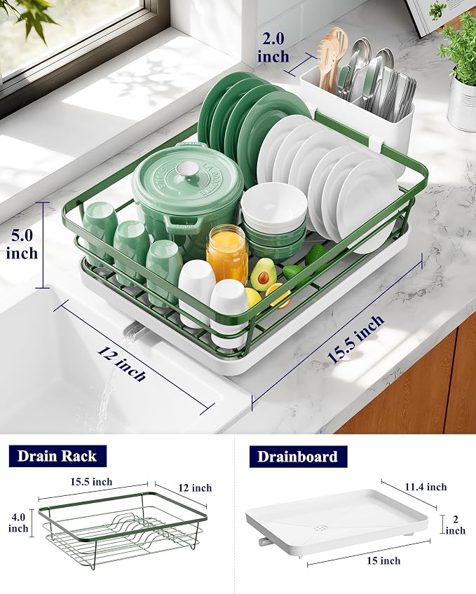 Kitsure Dish Drying Rack for Kitchen Counter, 12''W x 15.5''L, Green - Image 2