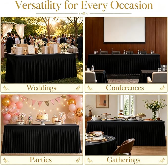 3 Pack Black Spandex 6ft Rectangle Tablecloths with Skirts - Image 7