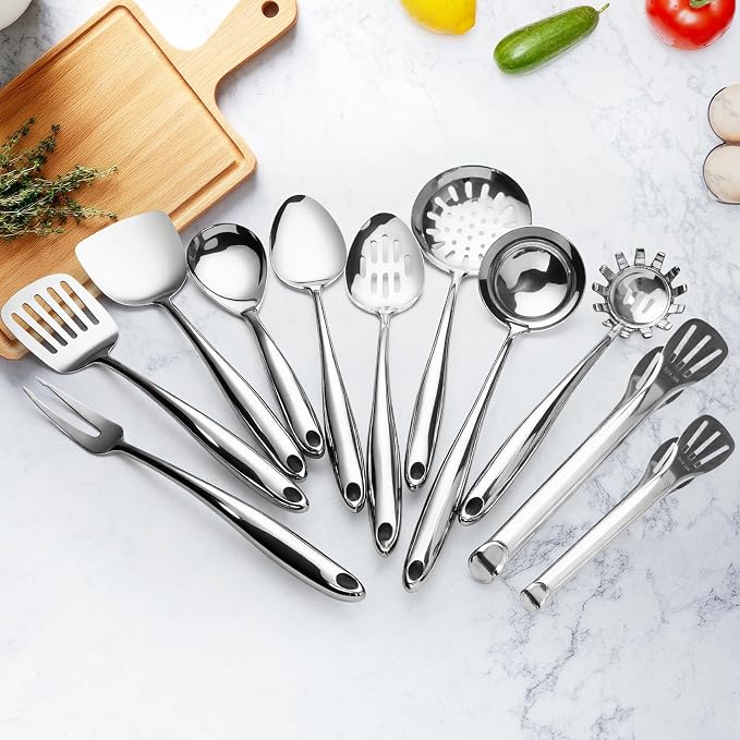 304 Stainless Steel Kitchen Utensils Set, 11 PCS Metal Cooking Utensils Set with Spatula, Spoon, Ladle, Skimmer, Turner, Pasta Server, Tongs - Image 6