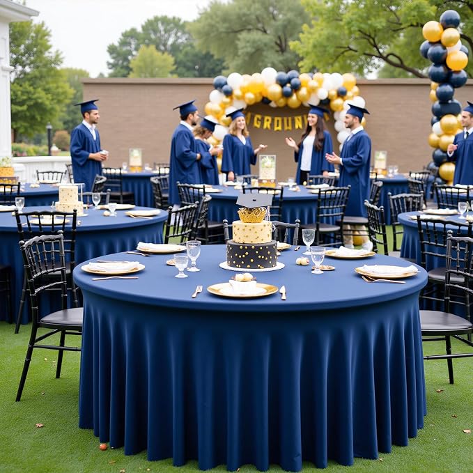 12 Pack Navy Blue Spandex Round Tablecloths for 60 inch Table, Wrinkle Free Stretchy 120inch Fitted 5FT Round Table Cloths Cover with Skirt for Wedding Birthday Party Banquet Events - Image 9