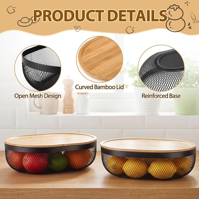 2 Pcs Oval Metal Mesh Storage Baskets with Tray Lids, Black Wire Organizer for Kitchen Countertop, Multi-functional Fruit and Bread Baskets for Home, Cabinet and Decorative Storage - Image 7