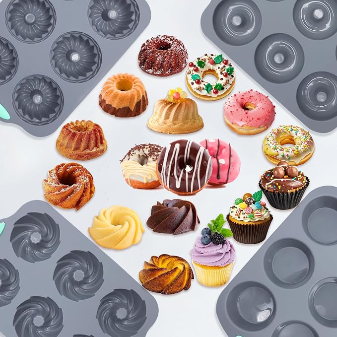 Tongjude 8 Pieces Silicone Donut Pans, Nonstick Silicone Muffin Pans, Heat Resistant Kitchen Oven Baking Cups, Dishwasher Safe and Microwave Safe, Grey - Image 9