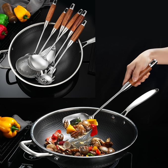 Stainless Steel Kitchen Utensils Set for Cooking Wooden Handle | 304-Healthy;Wooden handle-Anti-scald;Good length,hanging hole-Easy to store;Includes everything from spatulas to a masher - Image 8