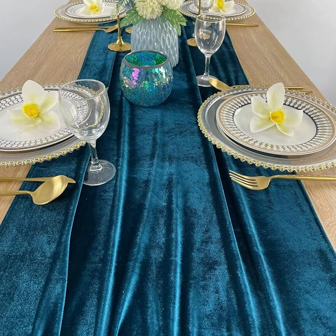Luxurious Velvet Table Runner, 10ft Wedding Reception Decorations, 20x120inch Soft Velvet Fabric, Table Linen Overlay, Wedding Table Runners (Teal Blue, 20X120inch, 5pack) - Image 7