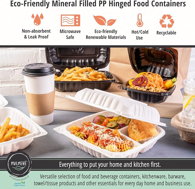 MULMEHË Eco-Friendly Mineral Filled Polypropylene Plastic Hinged Take Out Food Containers, 6x6x3, Vented Single Compartment, Black (250) - Image 5