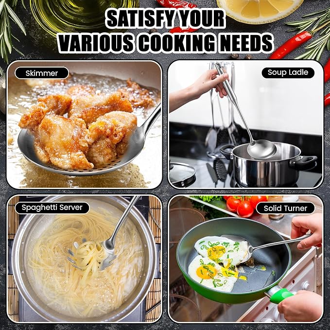 Teenyyou 9 Pcs 304 Stainless Steel Utensils Set with Wood Handle Metal Cooking Tool Spatula, Solid Spoon, Slotted Spoon, Fork, Ladle, Skimmer, Slotted Spatula Spaghetti(Silver,Stainless Steel) - Image 6