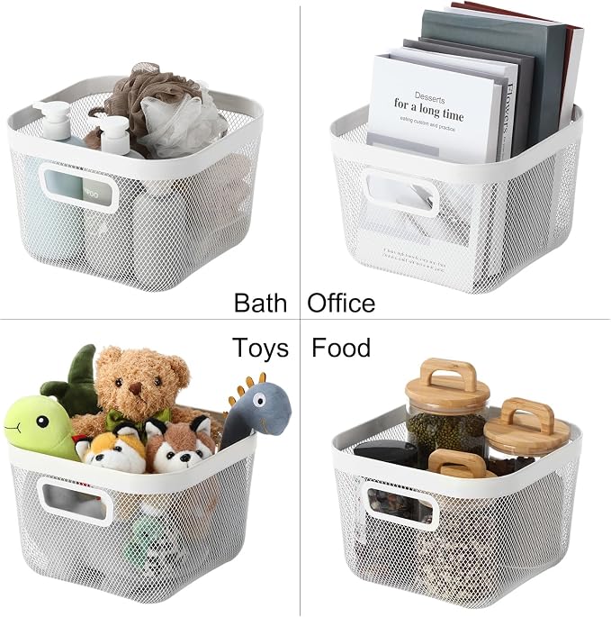 MorningRo 4 Pack Metal Mesh Basket with Hollow Handles White Wire Storage Bin for Organizing Stackable Metal Fine Mesh Basket for Pantry Bathroom Kitchen Cabinets Shelves (Medium) - Image 6