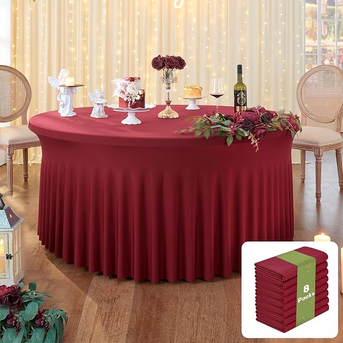 leegleri 8 Pack Spandex 72in Burgundy Round Tablecloths, Stretchy 132inch Fitted 6FT Round Table Cloths, Wrinkle Free Table Cover with Skirt for Wedding Birthday Party Bridal Shower Banquet - Image 8