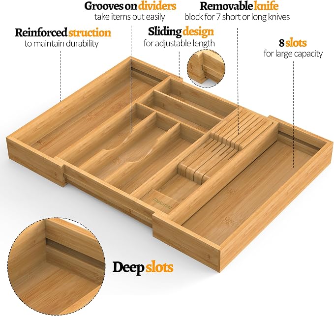 Bamboo Silverware Drawer Organizer, 6-8 Slots Kitchen Drawer Tray | 13"-21.69" Expandable, Utensil Holder & Cutlery Tray with Removable Knife Block, Hold 7 Knives, 2.36" Deep for Extra Capacity - Image 9