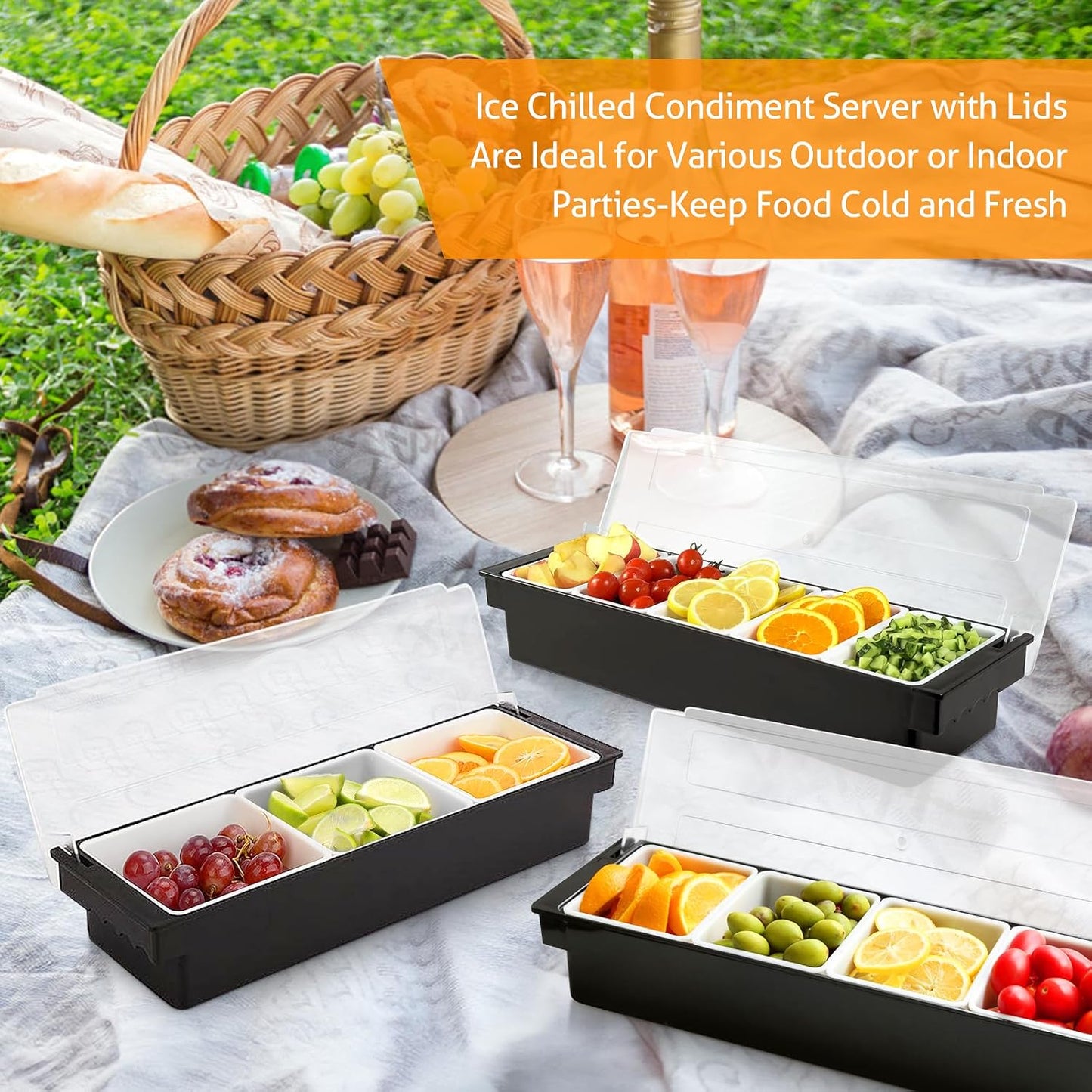 WICHEMI Fruit, Veggie & Condiment Caddy with Lid Dispenser Tray Plastic Garnish Station for Bartending & Serving Taco, Ice Cream, Salad Bar - Topping Organizer for Restaurant Supplies (3 Compartment)