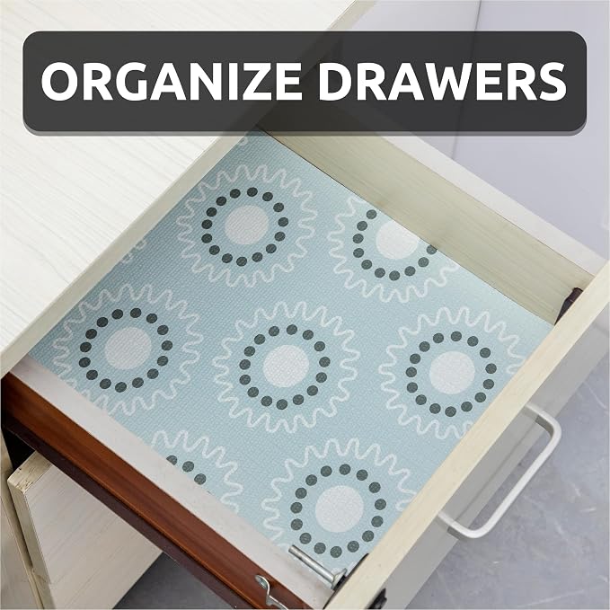 FIFTY FEET 18X96 Inch Shelf Liner for Kitchen Cabinets, PVC Drawer Liner for Dresser Non-Slip Bathroom, Non-Adhesive Cabinet Liner Washable (Blue Circle)(2 Roll) - Image 9