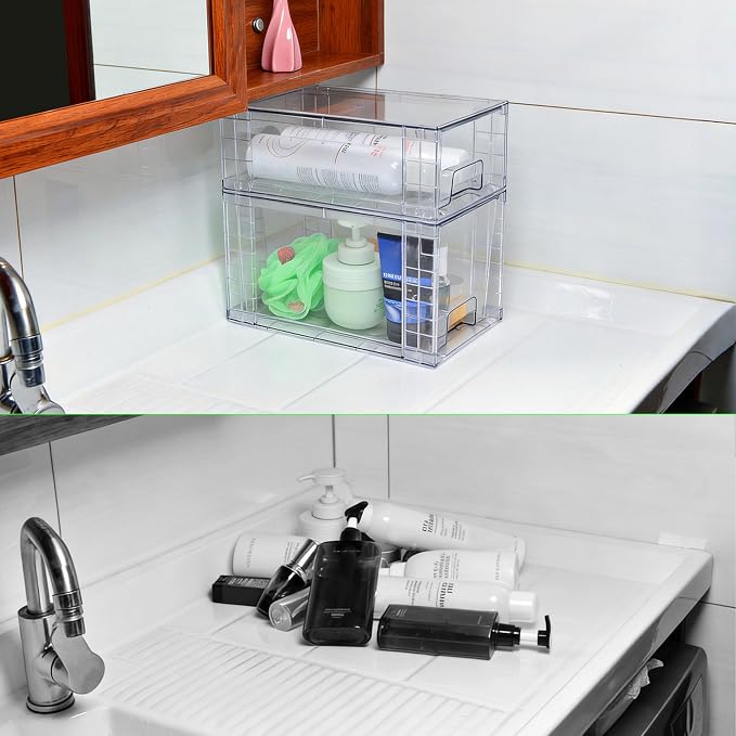 Clear Stackable Acrylic Storage Drawers(4 Pack), Plastic Organizer Bins with Handles, Easy Assembly for Bathroom Kitchen Pantry Cabinet Under Sink Snack Home Storage Solutions - Image 9