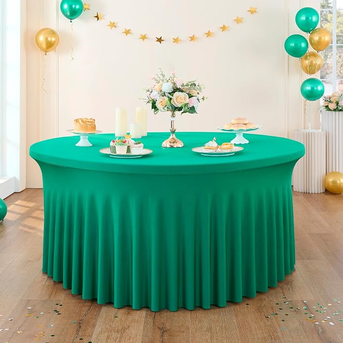 6 Pack Emerald Green Spandex Round Tablecloths Stretchy 120in Fitted 5FT Table Cloths Wrinkle Free Table Cover with Skirt for Wedding Party Dining Banquet - Image 6
