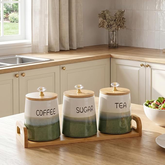Kimdio Ceramic Canisters Set with Airtight Lids, 22 oz Coffee Canisters Sets for the Kitchen, Large Jars for Flour, Sugar, Pasta, Coffee, Cookies, Tea - Set of 3 - Green and White - Image 8