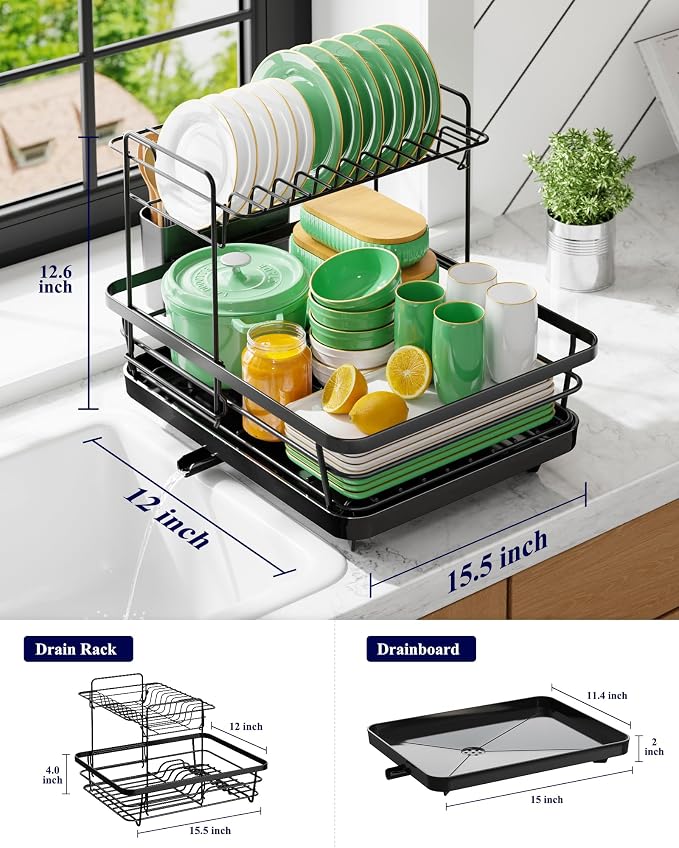 Kitsure Dish Drying Rack for Kitchen Counter, 12''W x 15.5''L, 2-Tiers - Image 2