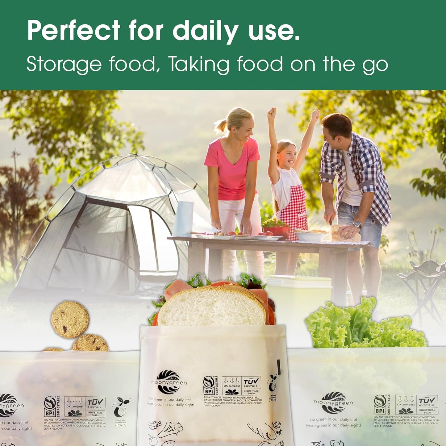 Compostable Food Storage Bags, Resealable Sandwich Bags, 50 Count, 6.7 x 6.8 inches, Extra Thick, Certified US BPI ASTM D6400 Europe OK Compost