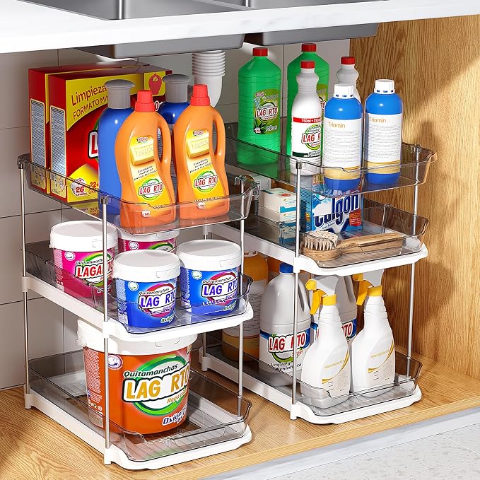 Delamu 2 Pack 3-Tier Bathroom Under Sink Organizers and Storage, Multi-Purpose Stackable Pantry Organization and Storage, Pull Out Clear Kitchen Bathroom Cabinet Organizer with Movable Dividers, Grey - Image 8