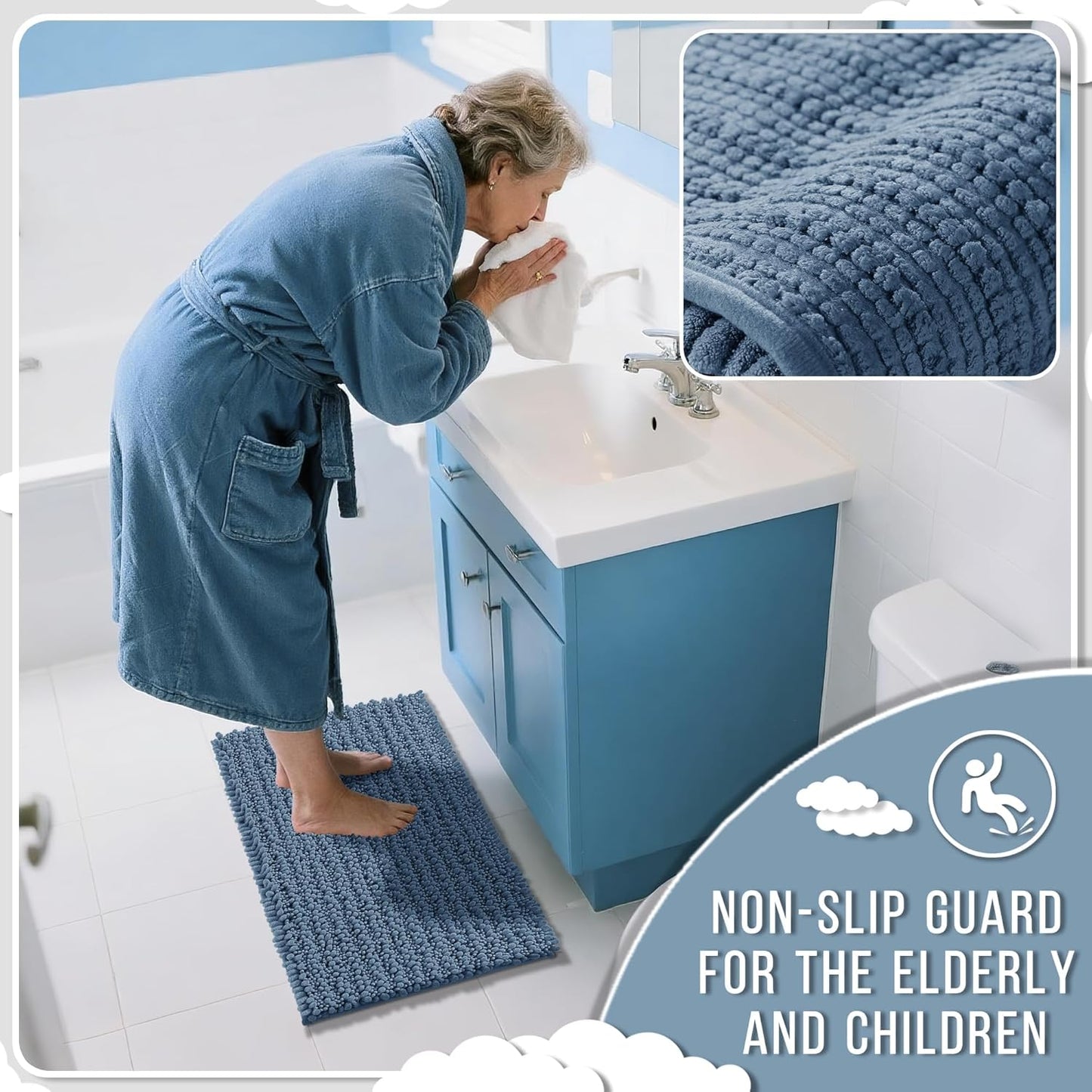 Yimobra Bathroom Rugs Non Slip Washable 32x20 Inch - Ultra Soft Absorbent Chenille Bath Mat, Quick Dry Shaggy Floor Carpet for Tub Shower, Denim Blue Home Decor Accessories