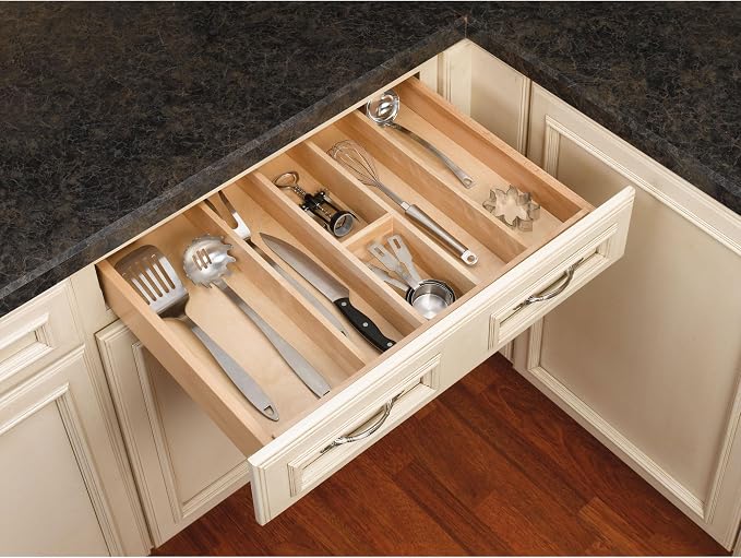 Rev-A-Shelf Trim-to-Custom-Fit Silverware Drawer Organizer For Kitchen Utensils, Cutlery Cabinet Storage Divider Insert, 23.98 x 21.97 In, Maple Wood, 4WUT-3 - Image 9