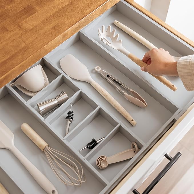 KitchenEdge Utensil & Junk Drawer Organizer, 19-33 in, Gray Bamboo | Food-safe contract grade, 100% sustainable wood, non-slip, adjustable - Image 7