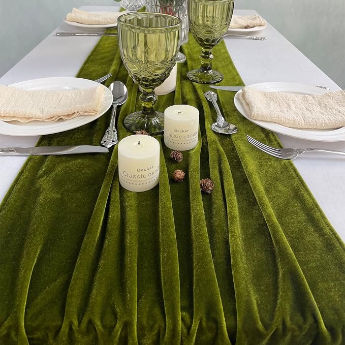 Luxurious Velvet Table Runner, 10ft Wedding Reception Decorations, 20x120inch Soft Velvet Fabric, Table Linen Overlay, Wedding Table Runners (Olive Green, 20X120inch) - Image 7