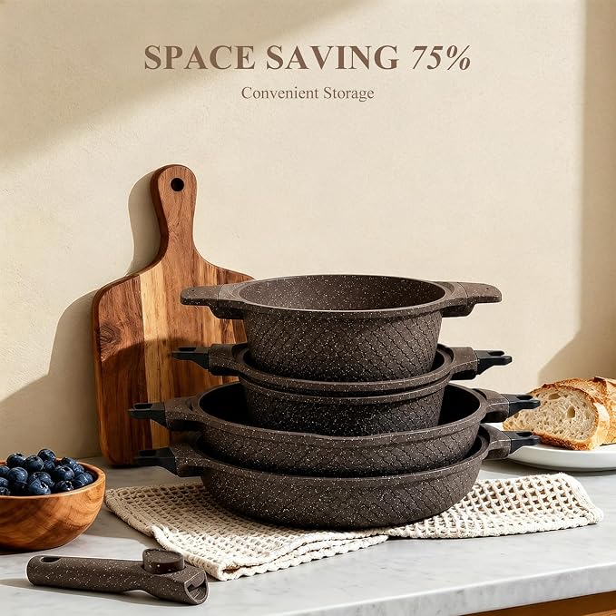 15-Piece Pots and Pans Set, Non Stick with Detachable Handle, Nonstick Cookware Sets, Kitchen Cooking Set, Camping Cookware, Dishwasher & Oven Safe, Brown(Fish Scale Shaped) - Image 8