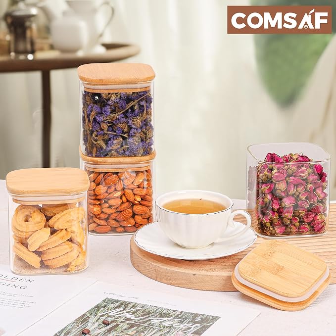 ComSaf Square Glass Containers with Lids 0.7 Qt, Set of 4 Pantry Glass Jars | Glass Storage Containers with Lids, Small Canisters, Spice Jar, Bamboo Lid with Silicone Seal, Size For Subpackage, BPA Free - Image 9