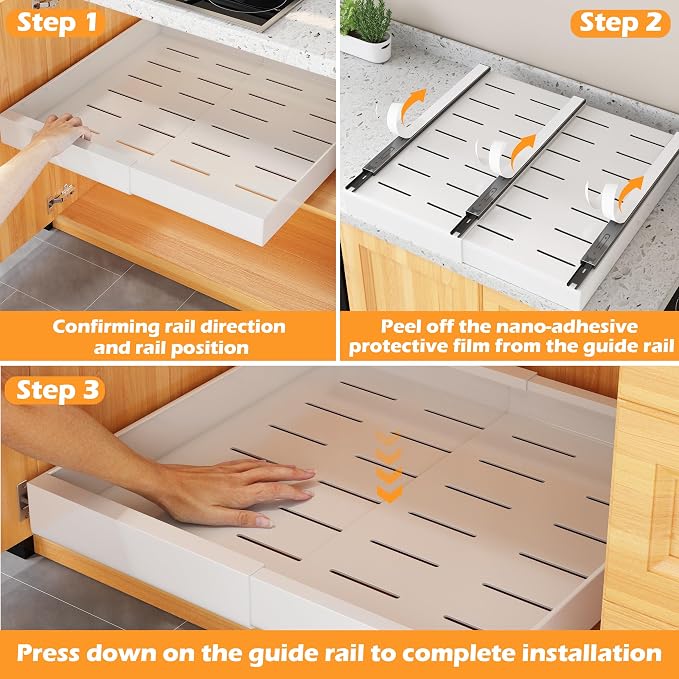 COVAODQ 1 Pack Pull Out Cabinet Organizer Extendable Sliding Slide Out Pantry Shelves Storage No Punch for Kitchen Base Cabinet Organization, Pantry, Bathroom Adjustable Width 12.4" to 20.4" - Image 7