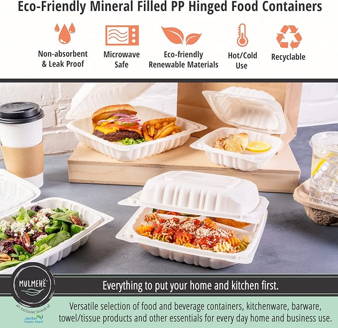 MULMEHË Mineral Filled Polypropylene Plastic Hinged Take Out Food Containers, 6x6x3, Vented Single Compartment, Natural White, 250 per Case - Image 5